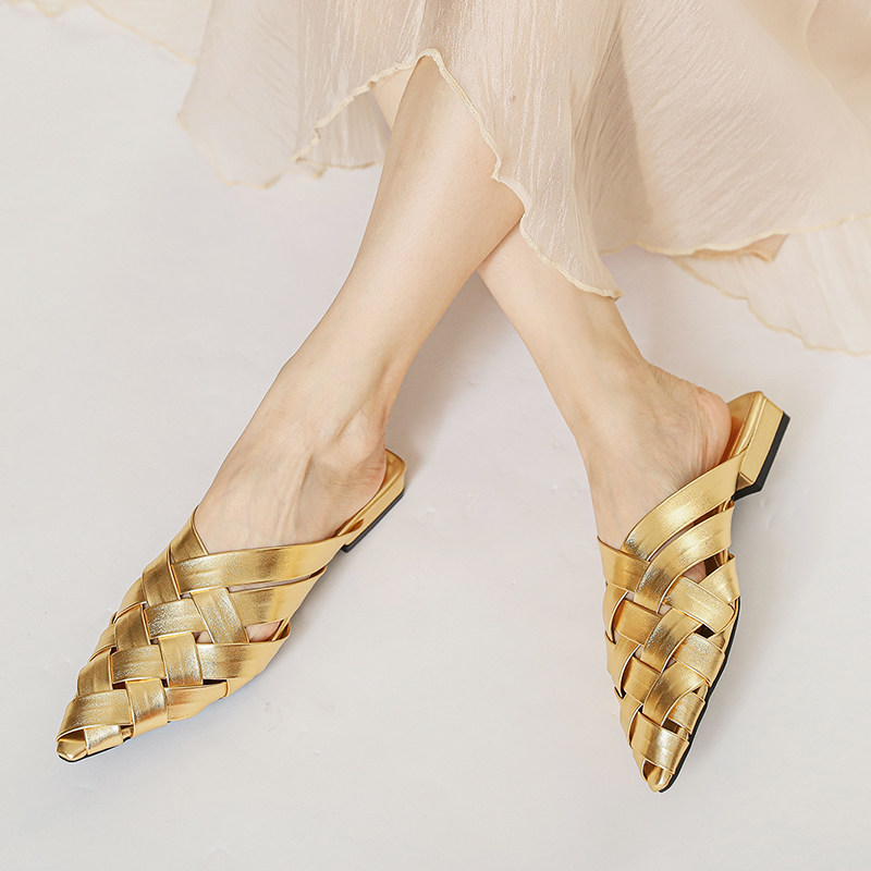 编织尖头包头拖鞋女外穿2026新款民族风小众镂空粗跟复古罗马半拖