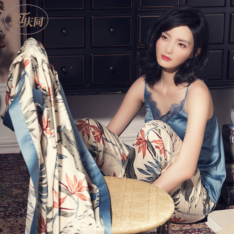 冰丝睡衣女春夏新款性感时尚韩版宽松吊带睡袍家居服仿真丝三件套券后148.00元