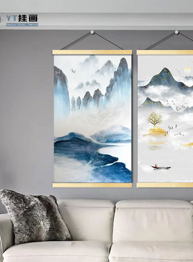 现代新中式山水画玄关装饰画流水生财入户走廊过道国画布艺挂画