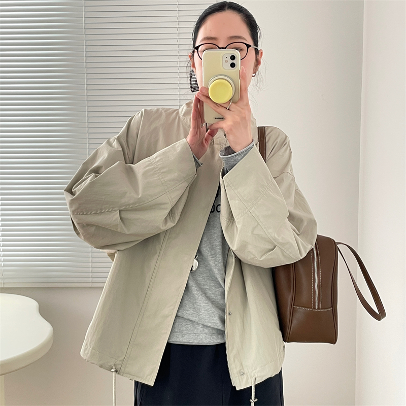 廓形设计感抽绳立领风衣外套女春季时尚百搭宽松慵懒风卡其色夹克