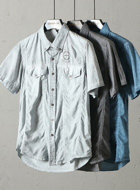 51SHOP男装 男士休闲夏款短袖衬衫复古做旧款印花脏洗全棉上衣
