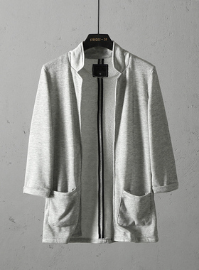 51SHOP女装女士针织毛圈布七分袖中长款无扣休闲西装时尚披风外套