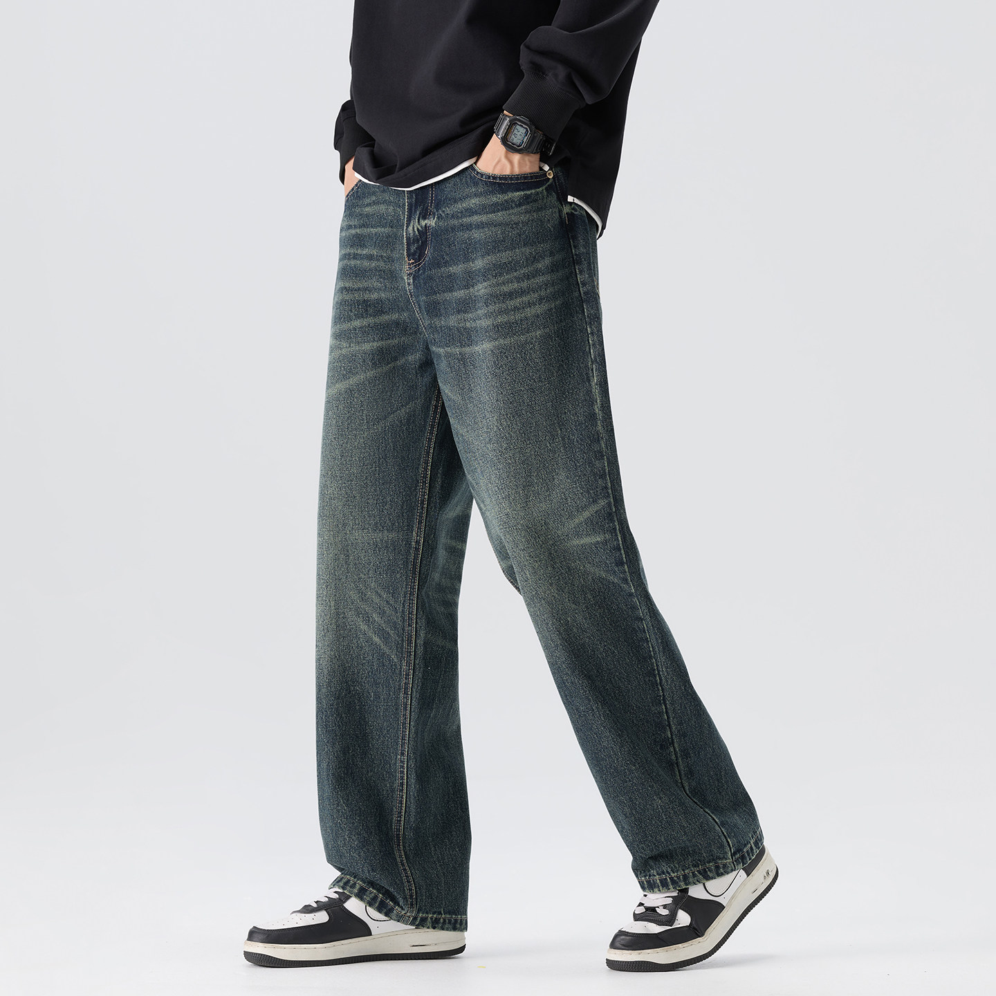 美式复古风宽松直筒牛仔裤男水洗拉链潮流做旧百搭阔腿无弹长裤子