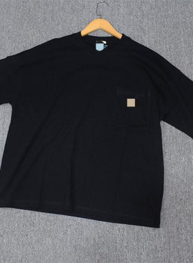 MIX家 欧美系  男女款精梳棉宽松口袋大版型休闲短袖 黑色米黄