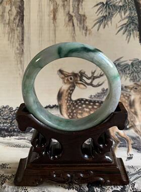 缅甸天然翡翠A货糯化绿色飘花乌鸡黑手镯卡54+水润女款手镯手环