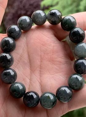 缅甸A货翡翠水墨丹青冰胶黑色乌鸡手串13.2mm一物一证（微瑕）