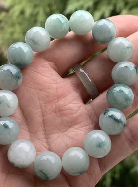 缅甸玉缅甸天然A货老料淡蓝色飘花手串圆珠手串13.6mm一物一证