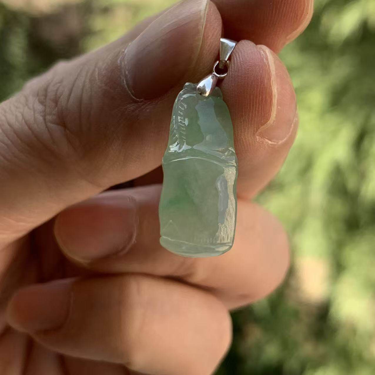 缅甸天然A货翡翠挂件冰种飘阳绿竹节吊坠S925银扣头项链一物一证