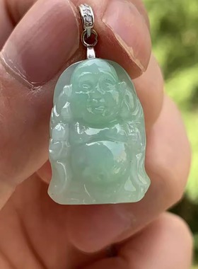 缅甸A货翡翠吊坠果绿色玉佛公弥勒佛布袋佛挂件S925银扣头项链