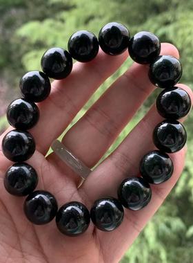 缅甸天然玉石手串黑色铁龙生绿色底玉石大手串玉石圆珠手串14.3mm