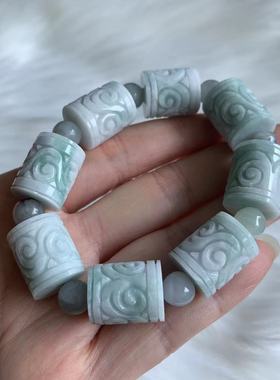 缅甸翡翠手串天然A货桶珠手串白色淡蓝色绿色桶珠飘花手链手串