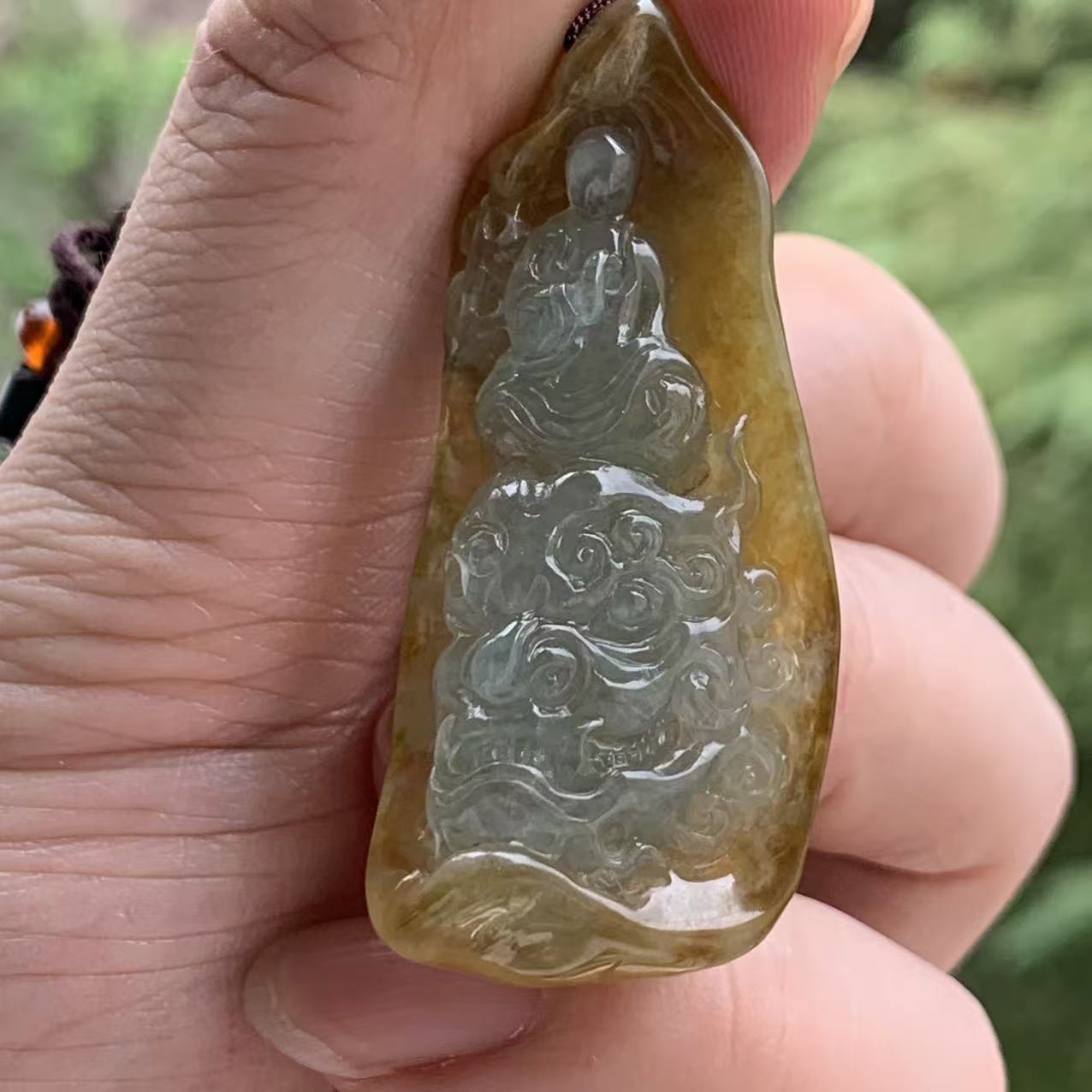 缅甸A货翡翠吊坠大马坎冰黄冰胶蓝肉悟道人生吊坠带黄皮一物一证