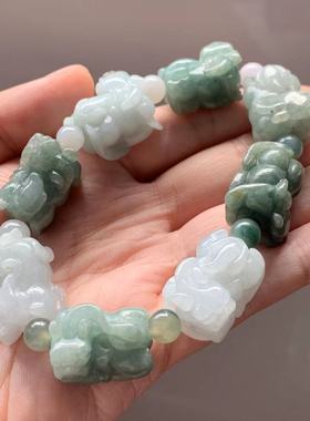 缅甸翡翠手串A货深绿色白色貔貅手串缅甸玉貔貅手链16mm一物一证