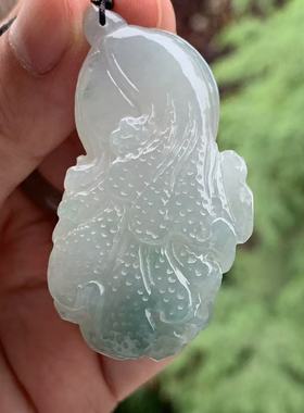 缅甸天然A货翡翠吊坠冰起胶淡蓝色白菜50/28.7/7.3mm一物一证