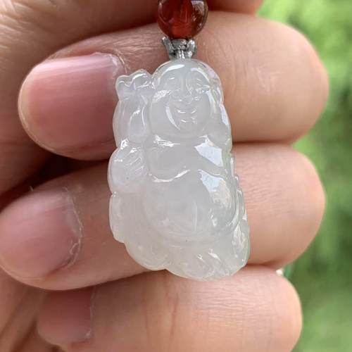 缅甸天然翡翠吊坠A货白色布袋佛