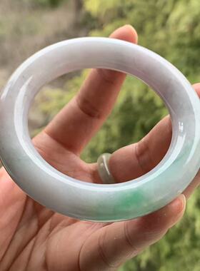 缅甸A货翡翠手镯淡紫色绿飘花圆条手镯12/12.3/53.5mm一物一证