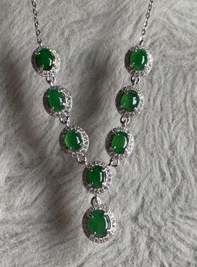 缅甸天然A货翡翠项链绿色蛋面镶嵌套链6~6.5mmS925银锆石镶嵌