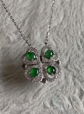 缅甸天然A货翡翠项链糯冰绿色蛋面镶嵌套链5mmS925银锆石镶嵌