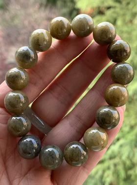 缅甸玉翡翠天然A货手串黄色底黄翡黑色乌鸡飘花圆珠手串12.8mm