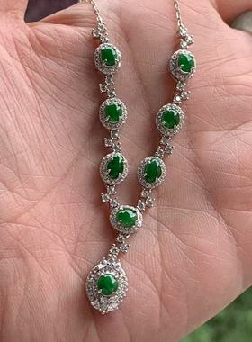 缅甸天然A货翡翠项链糯冰绿色蛋面镶嵌套链5~5.8mmS925银锆石镶嵌