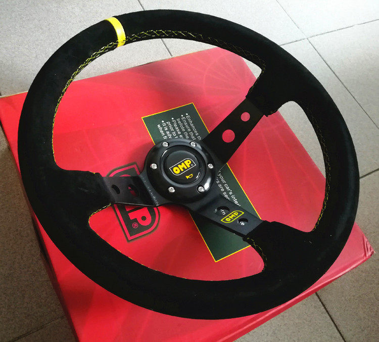 改装赛车14寸绒毛翻皮毛真皮通用竞技方向盘OMP大凹磨砂皮方向盘