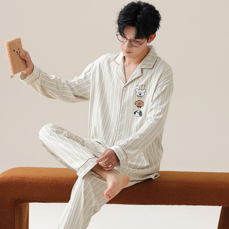 春秋季新款睡衣男100%纯棉翻睡衣/家居服套装