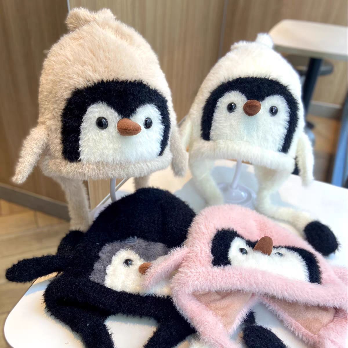 2025新款宝宝帽子儿童加绒保暖女孩企鹅包头护耳帽可爱亲子帽新品