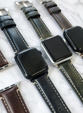 潮牌iwatch8表带复古真皮小牛皮适用苹果6 4 5applewatch绿色4SE7