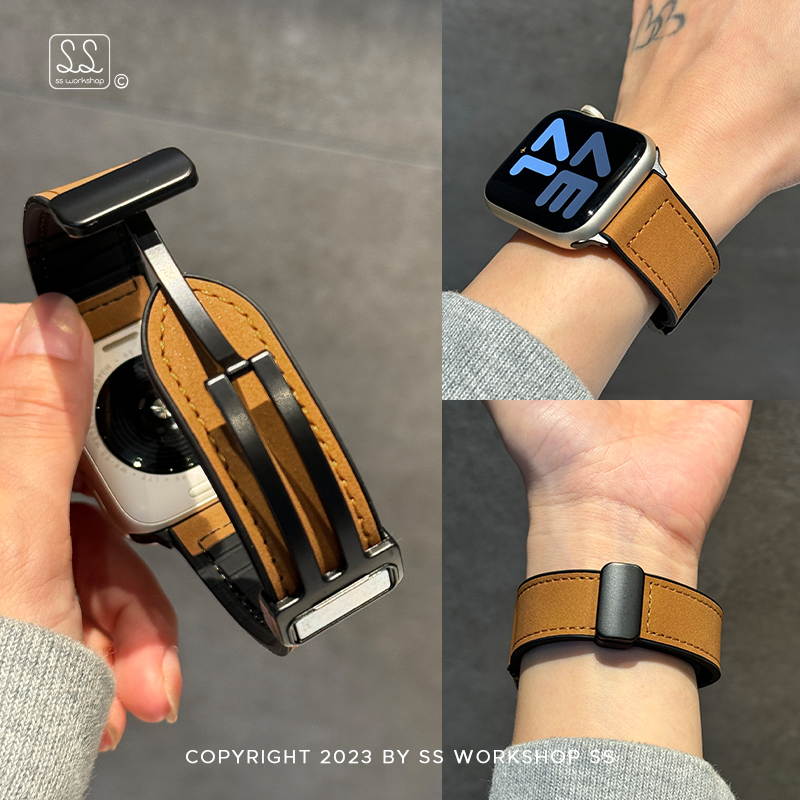 秋冬疯马皮硅胶磁吸iwatch10表带