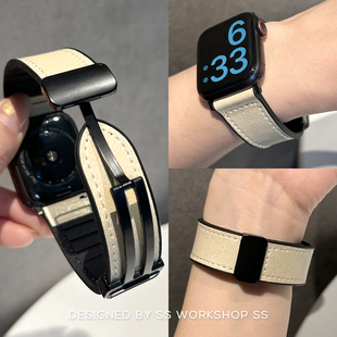 秋冬新款 高级感真皮磁吸硅胶iwatch表带s10适用苹果applewatch男
