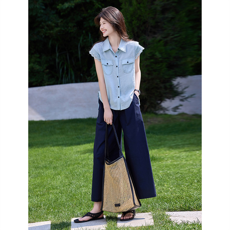 2026年春季新款蕾丝边衬衣高腰九分裤含亚麻两件套装女