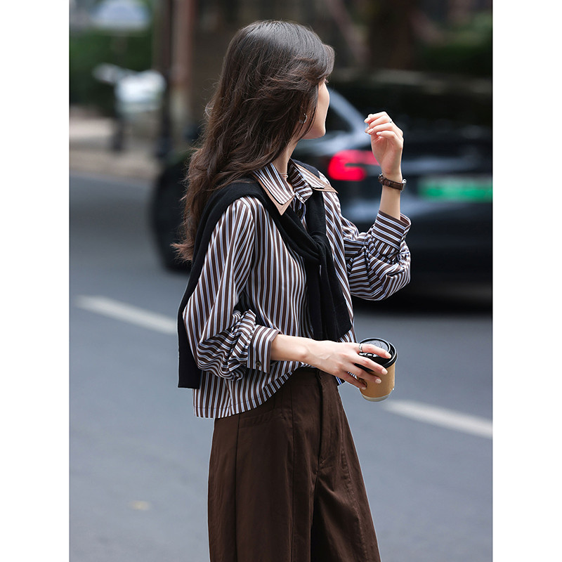 2025年秋季新款双层翻领条纹长袖衬衫上衣女装SXCS25161