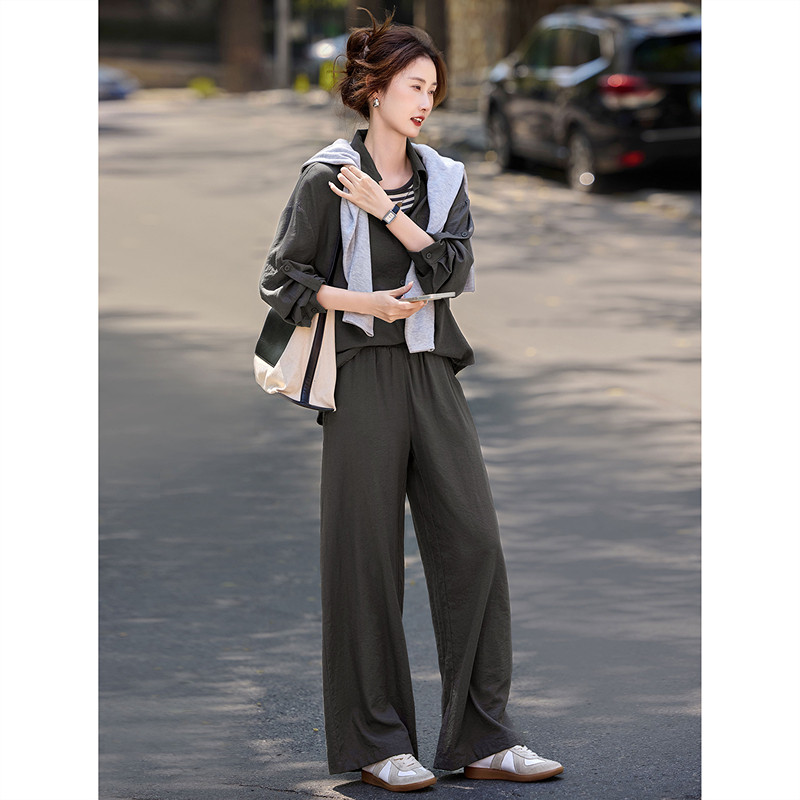 苏醒的乐园2026年秋季新款休闲慵懒棉衬衫长裤三件套装女