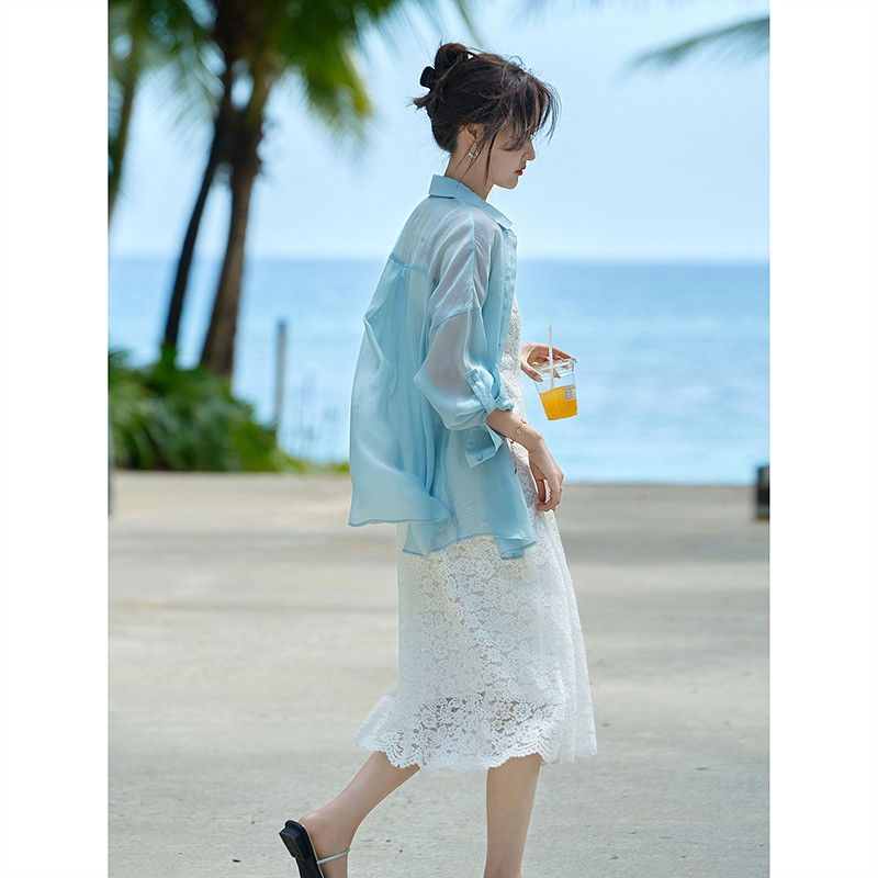 2026年春季新款蕾丝吊带连衣裙天丝衬衣时尚气质套装