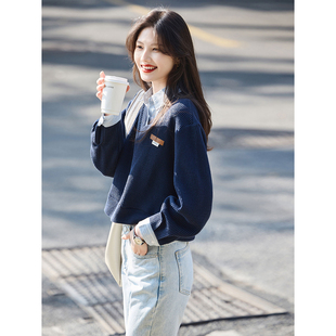 时尚卫衣女款小个子2026春季拼接假两件外套减龄短款套头针织上衣