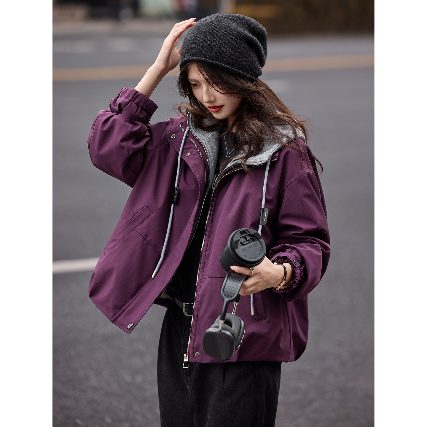 休闲拼接连帽夹克外套2025冬季假两件开衫上衣女装SXWT25287