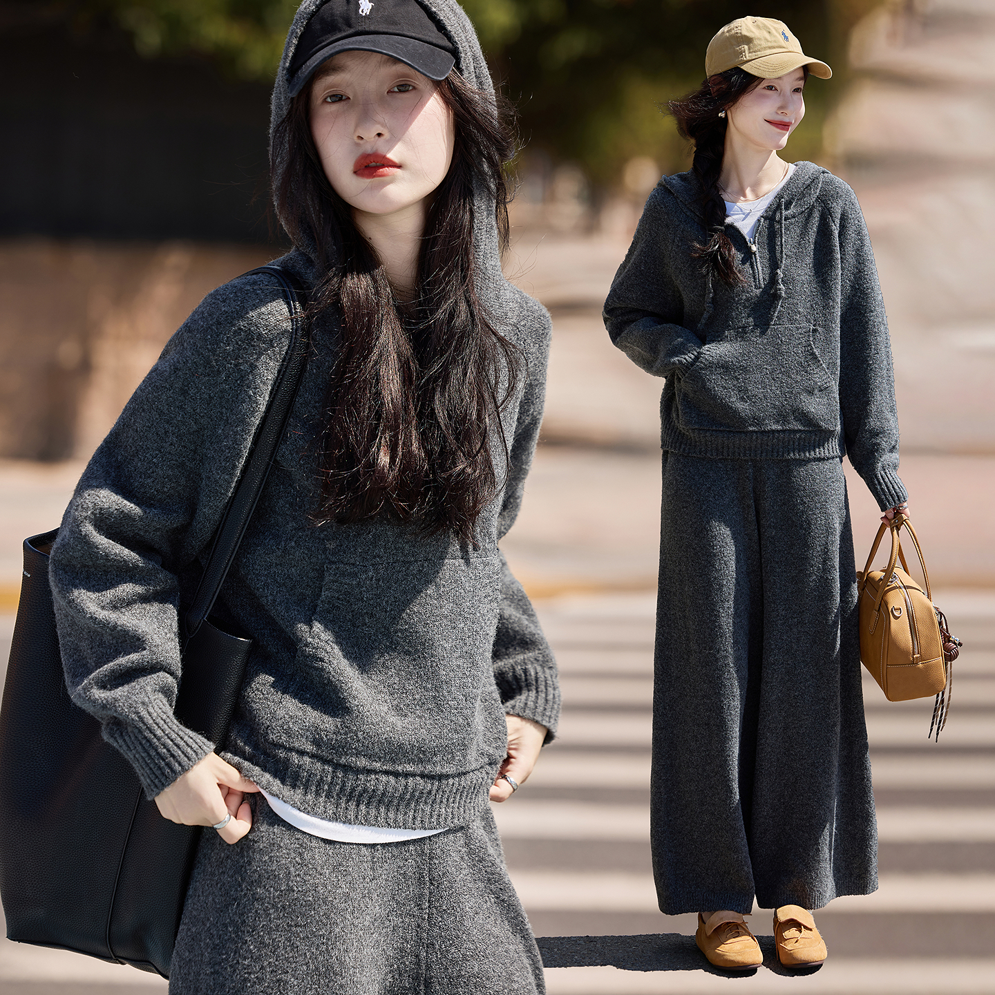 苏醒的乐园2025年冬季新款连帽含绵羊毛针织套头衫阔腿裤套装女