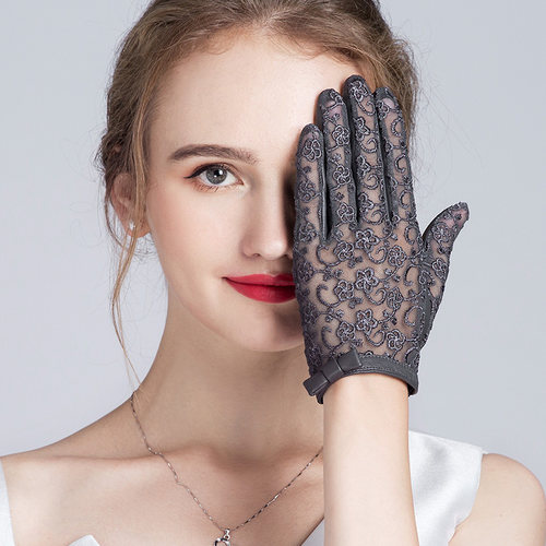 蕾丝防晒羊皮皮手套女真皮单皮薄