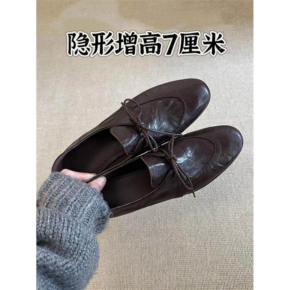 香港羊皮内增高圆头小皮鞋女系带英伦复古乐福鞋深口通勤粗跟单鞋