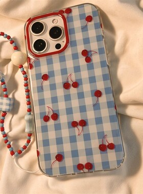 hx小众蓝色格纹樱桃手机壳适用苹果17/15PRO卡通保护套iPhone14/13