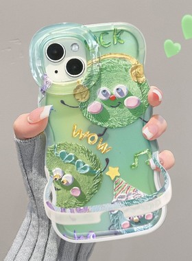 cxk油画绿色毛球适用苹果16手机壳华为mate60pro双支架15可爱14/13女