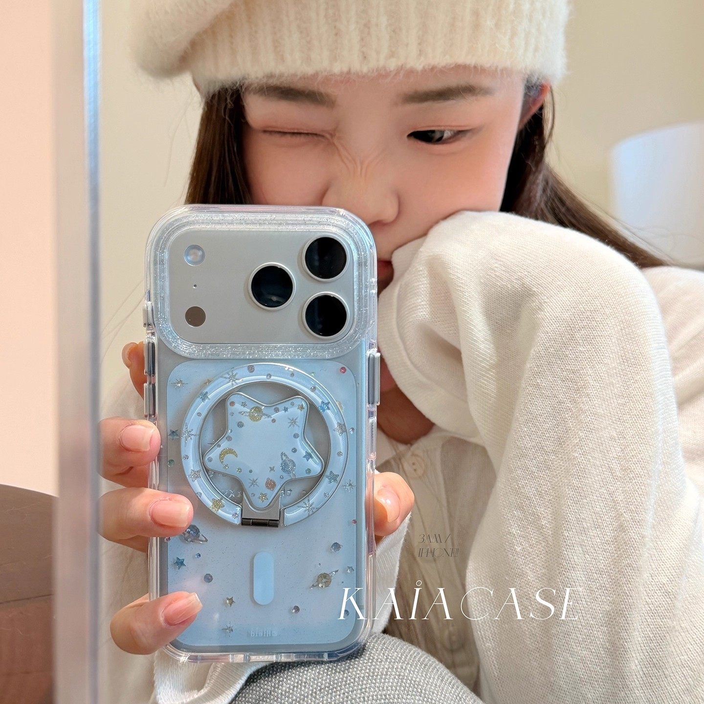 赫莉日韩ins浪漫蓝色行星月亮适用苹果17promax手机壳iphone16pro新款13女14pro磁吸支架15pro透明防摔手机套