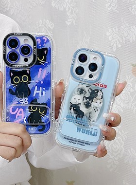 hx日韩ins紫色卡通黑猫咪支架适用苹果14手机壳13ProMax新款iPhone1