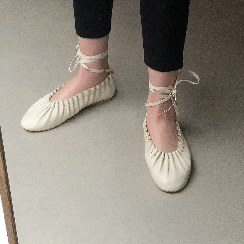 李大仁 女鞋2020春季新款圆头褶皱脚踝绑带芭蕾舞ins网红平底单鞋|msdalam kategori Kasut wanita, kasut rendah - dari Buy2taobao.com untuk memberikan perkhidmatan ejen Taobao profesional membeli