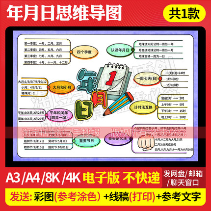 年月日思维导图手抄报模板三年级数学认识时间日期电子版线稿403