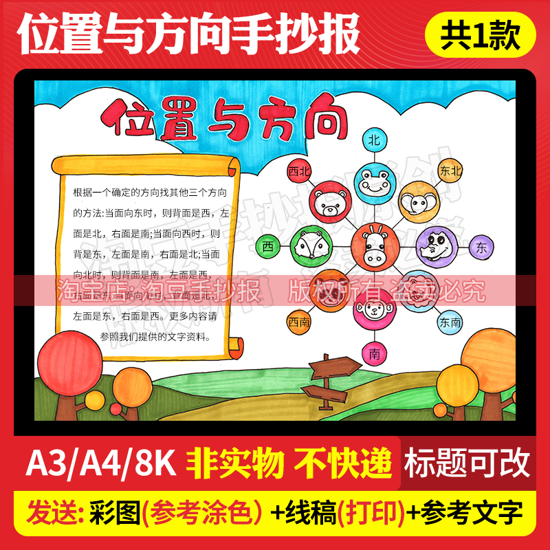位置与方向手抄报模板三年级数学小报思维导图电子版线稿打印372