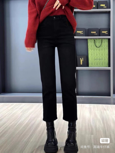 阿雅家 秋冬加厚款黑色修身显瘦烟管裤 牛仔裤