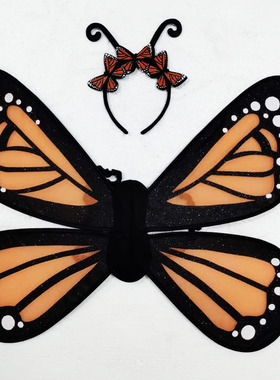 橙色蝴蝶大好翅膀配头箍背带式雪纺布印花纹