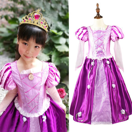 女童cosply新款有裙撑长发美女公主裙紫色蓬蓬拖地长裙