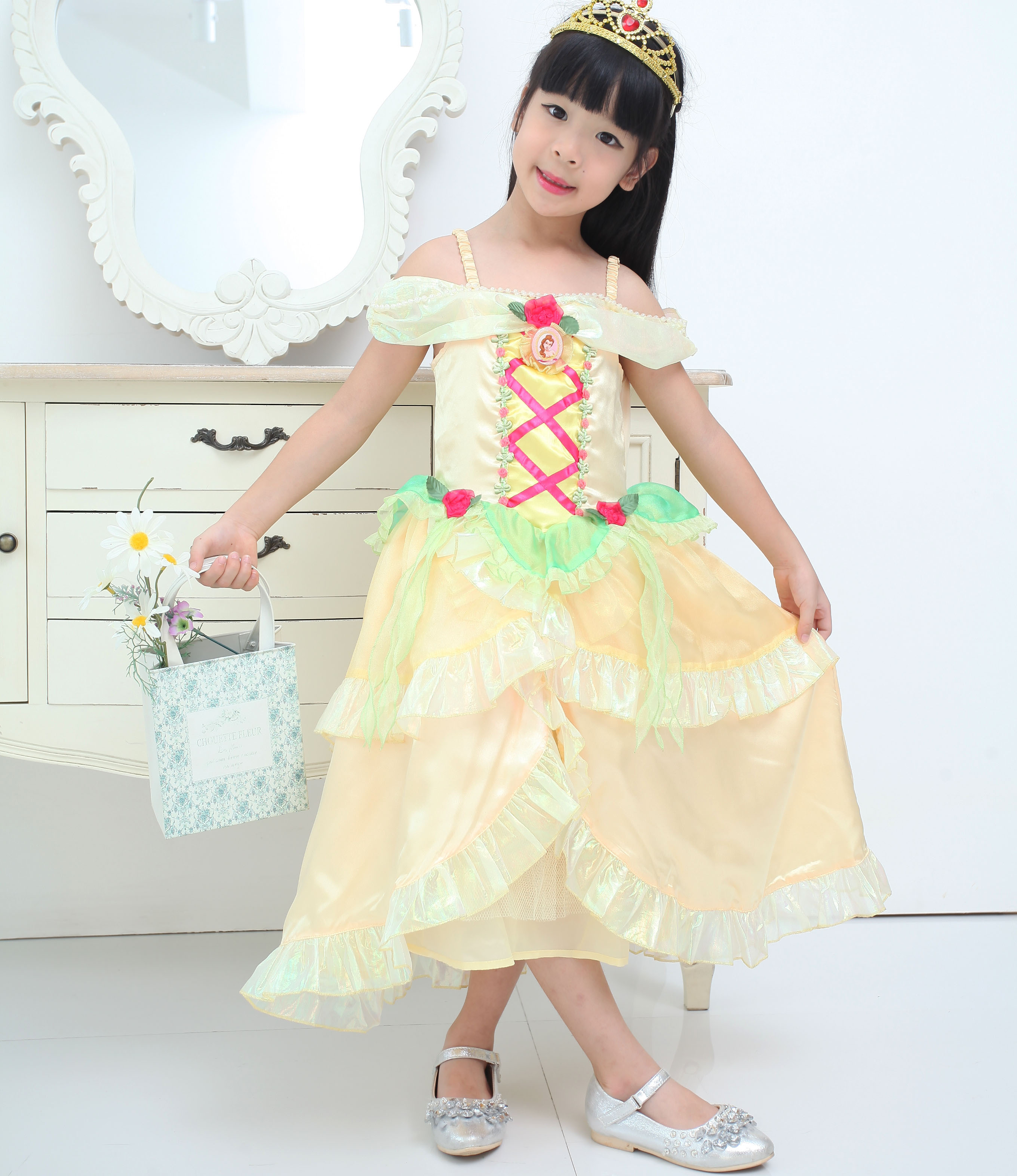 cosplay儿童表演舞台演出服装黄色连衣裙蓬蓬裙贝尔公主裙